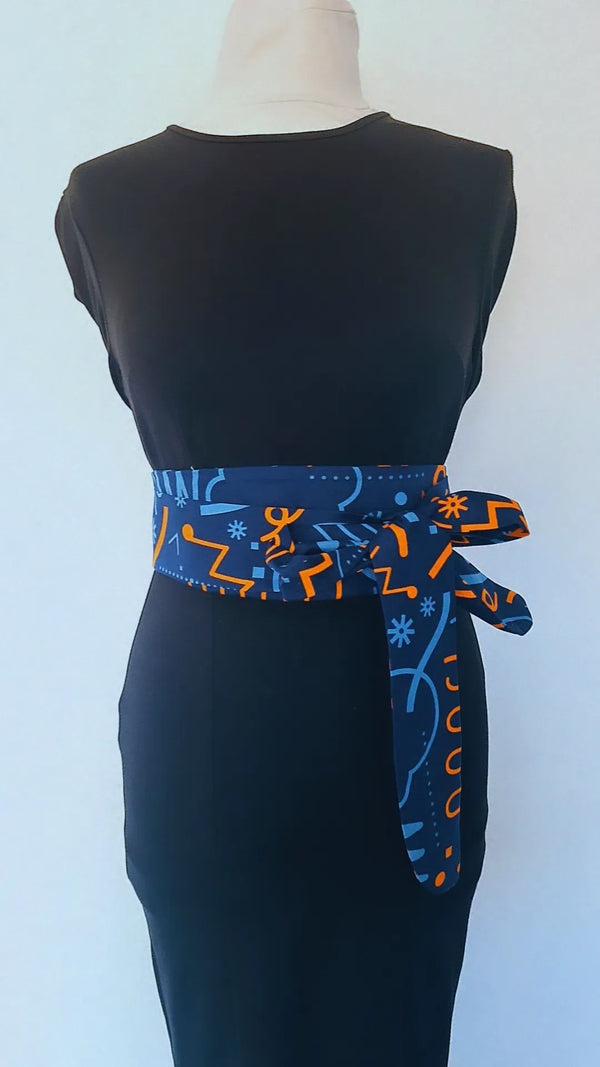 Ceinture en wax coton multicolore ceinture africaine pour femme avec motif wax à nouer bleue et orange