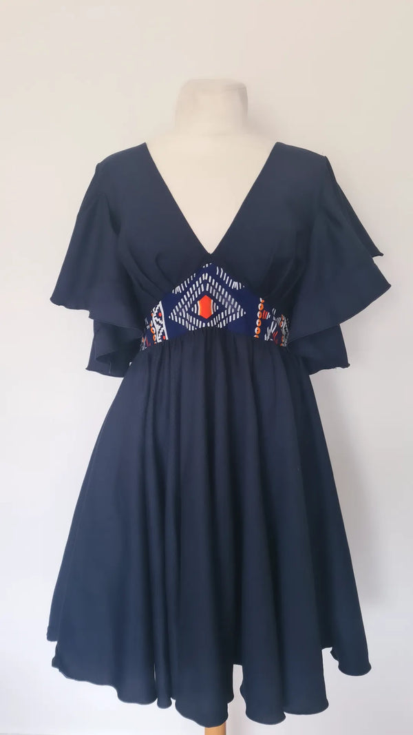 Robe avec détail en wax - robe courte bleu marine cérémonie -  robe de créatrice