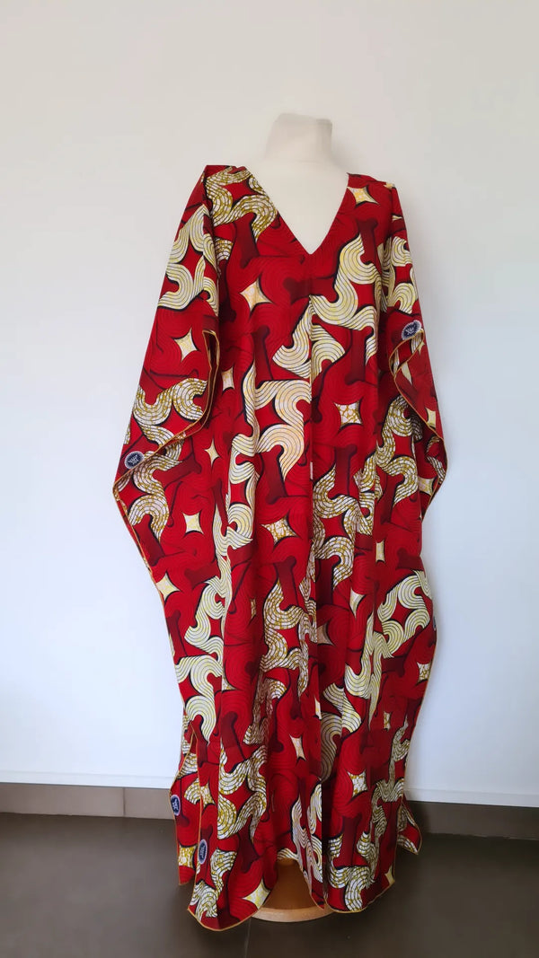 Boubou africain femme - boubou wax  -  robe africaine rouge et or multicolore
