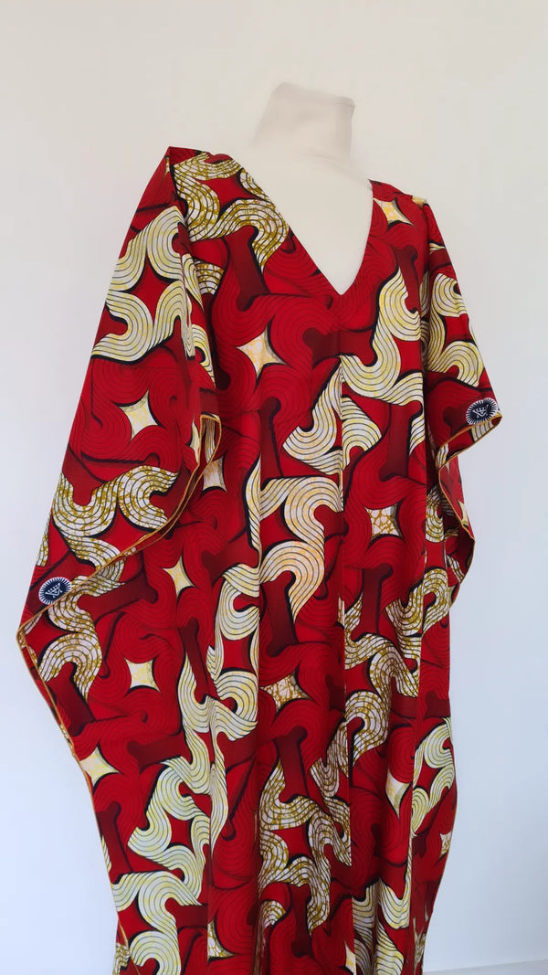 Boubou africain femme - boubou wax  -  robe africaine rouge et or multicolore