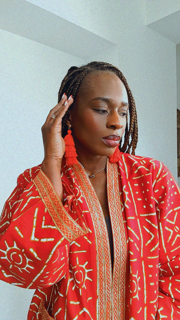 Kimono en tissu en tissu africain rouge veste mi longue en wax multicolore