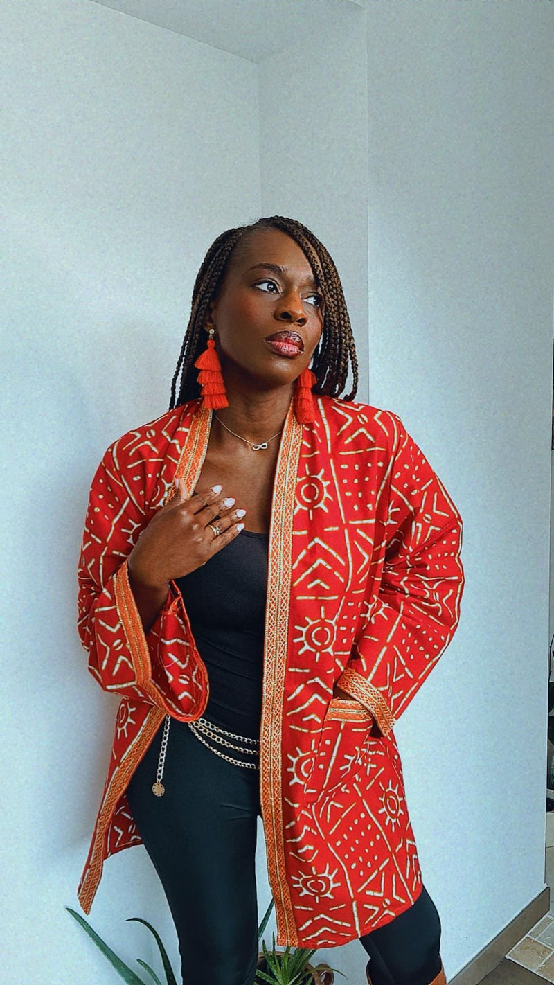 Kimono en tissu en tissu africain rouge veste mi longue en wax multicolore